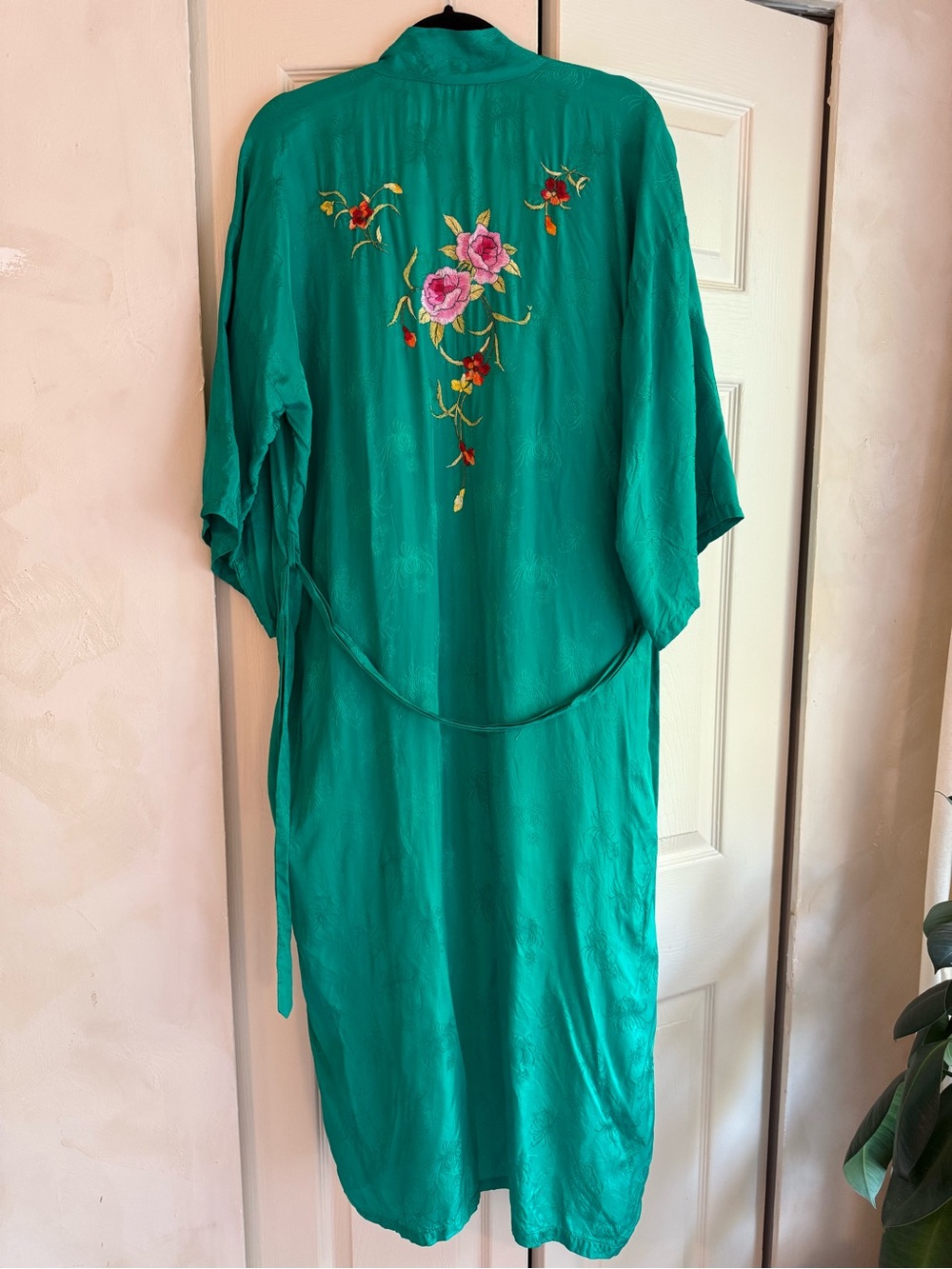 Vintage | Golden Bee | Emerald Green Floral Embroidered Robe | S